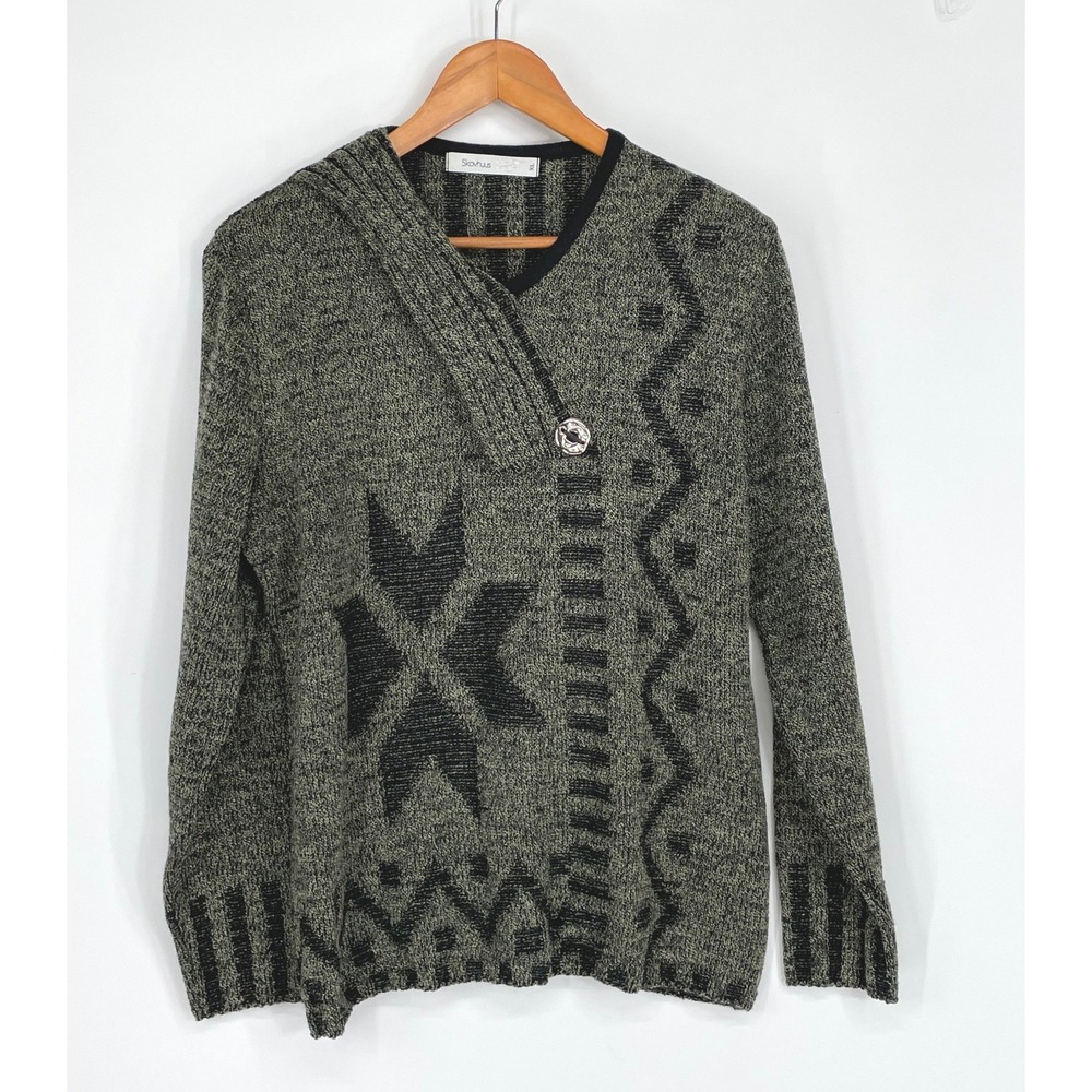 Skovhuus Women Sweater XL Knit Green Black Geometric Nordic V-Neck Cozy Chic